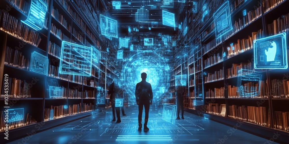 Advanced digital library interface with holographic bookshelves, users accessing information via augmented reality Advanced digital library interface with holographic bookshelves, users accessing information via augmented reality
