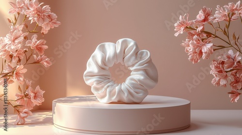 A beautifully rendered white scrunchie displayed on a pedestal surrounded by delicate pink flowers. This image showcases elegance and femininity.