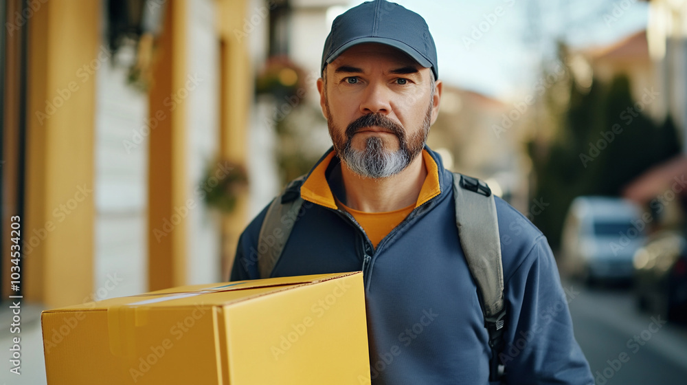 A man wearing a blue jacket and a blue hat is holding a yellow box A man wearing a blue jacket and a blue hat is holding a yellow box