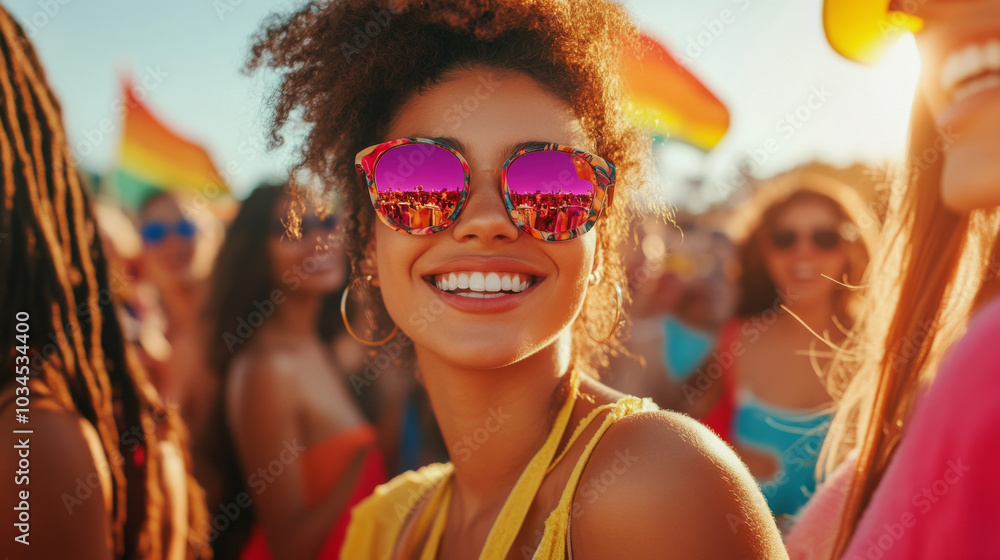 Joyful young woman at outdoor music festival with colorful reflections in sunglasses Joyful young woman at outdoor music festival with colorful reflections in sunglasses