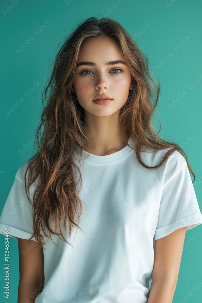 Clothing Model Wearing a Blank T-shirt Standing in Front of a Blue Background, Print on Demand Template, Fashion Portrait Mockup, People Wearing Tee Shirt with Print Copy Space Clothing Model Wearing a Blank T-shirt Standing in Front of a Blue Background, Print on Demand Template, Fashion Portrait Mockup, People Wearing Tee Shirt with Print Copy Space