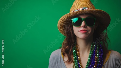 Accessories like hats and beads add to the festive look of the person. photo