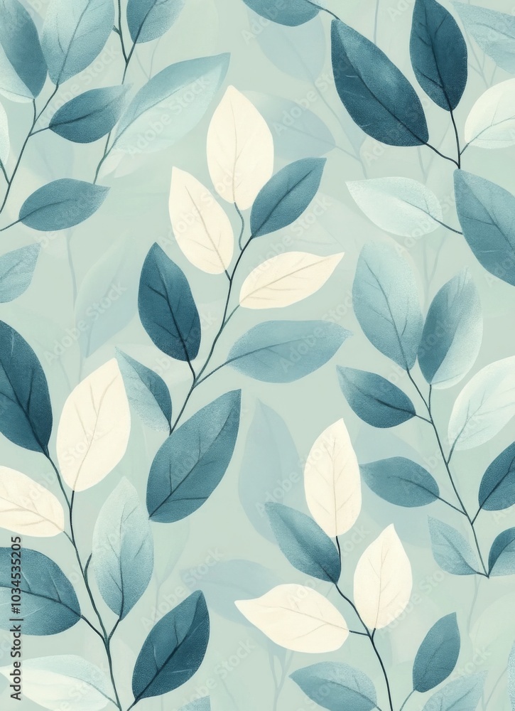 Light blue and white pattern with leaves, pastel green background, simple, minimalist design. Light blue and white pattern with leaves, pastel green background, simple, minimalist design.