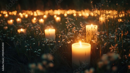 Numerous lit candles in serene field of wildflowers at night