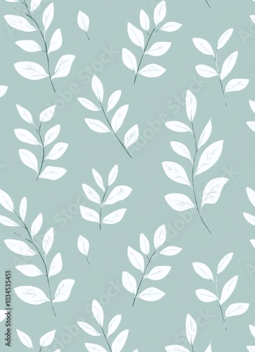 Light blue and white pattern with leaves, pastel green background, simple, minimalist design.