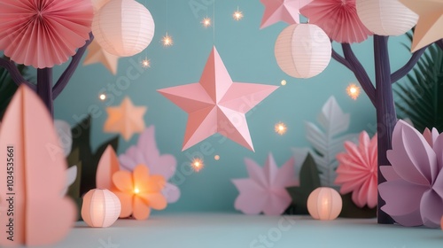 Dreamy 70s-inspired garden party at dusk, with floating sparkle stars, glowing lanterns in trees, and vintage floral decorations