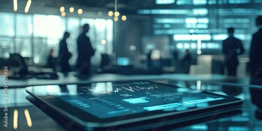Digital signature interface on a futuristic device, with a defocused background of a busy business meeting Digital signature interface on a futuristic device, with a defocused background of a busy business meeting