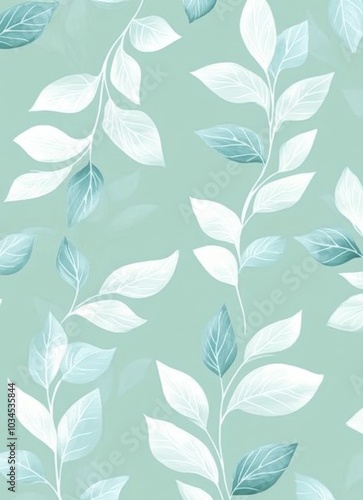 Light blue and white pattern with leaves, pastel green background, simple, minimalist design.