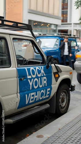  white vehicle with a large blue sticker on the side that reads “LOCK YOUR VEHICLE” serves as a reminder to secure one’s car, suggesting a proactive approach to prevent theft or unauthorized access photo