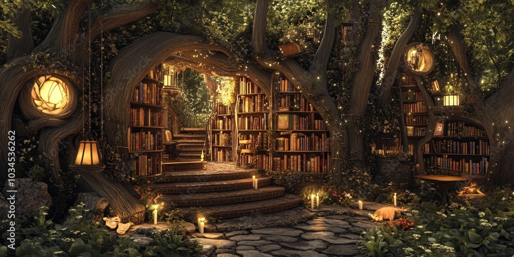 Virtual library with a fantasy forest theme, digital magical books, interactive woodland creatures, and enchanting design Virtual library with a fantasy forest theme, digital magical books, interactive woodland creatures, and enchanting design