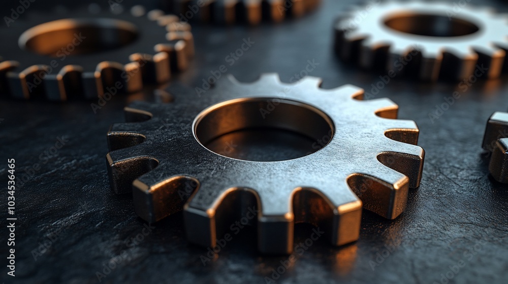 Close-up of several metallic gears on a dark surface. Close-up of several metallic gears on a dark surface.
