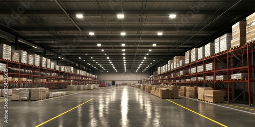 Sustainable warehouse with energy-efficient lighting, green materials, and automated systems for eco-friendly operations