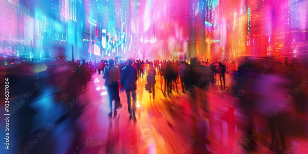 Abstract concept of a crowded business event with blurred people and vibrant lights Abstract concept of a crowded business event with blurred people and vibrant lights