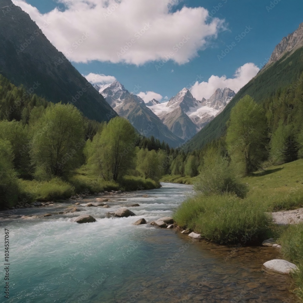 Serene Mountain Landscape with Snow-Capped Peaks and Flowing River Serene Mountain Landscape with Snow-Capped Peaks and Flowing River