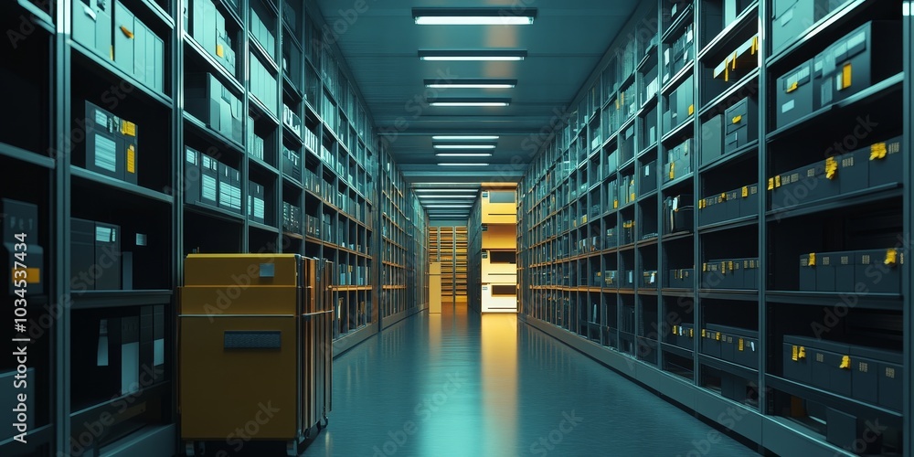 Advanced digital archive room with automated systems, ensuring efficient data storage and retrieval Advanced digital archive room with automated systems, ensuring efficient data storage and retrieval