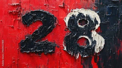 Abstract art with textured black numbers 28 on red and white background photo