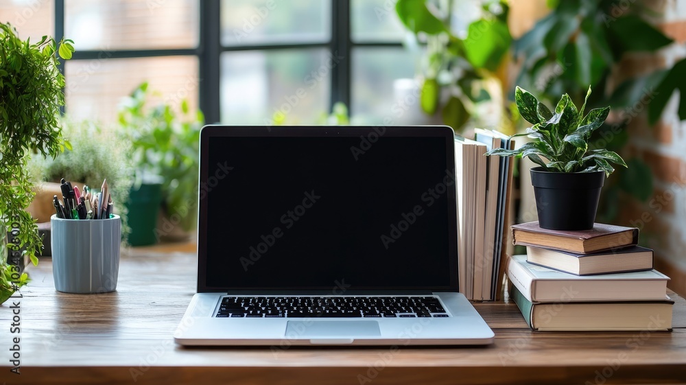 Laptop on wooden desk surrounded by books and plants, window in background Laptop on wooden desk surrounded by books and plants, window in background