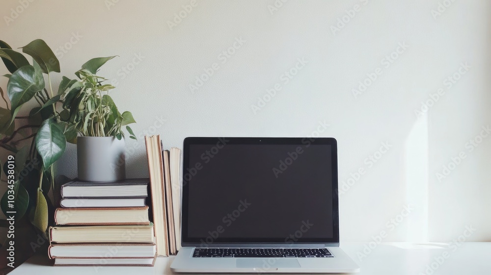 Minimalist workspace with open laptop, books, and plants Minimalist workspace with open laptop, books, and plants
