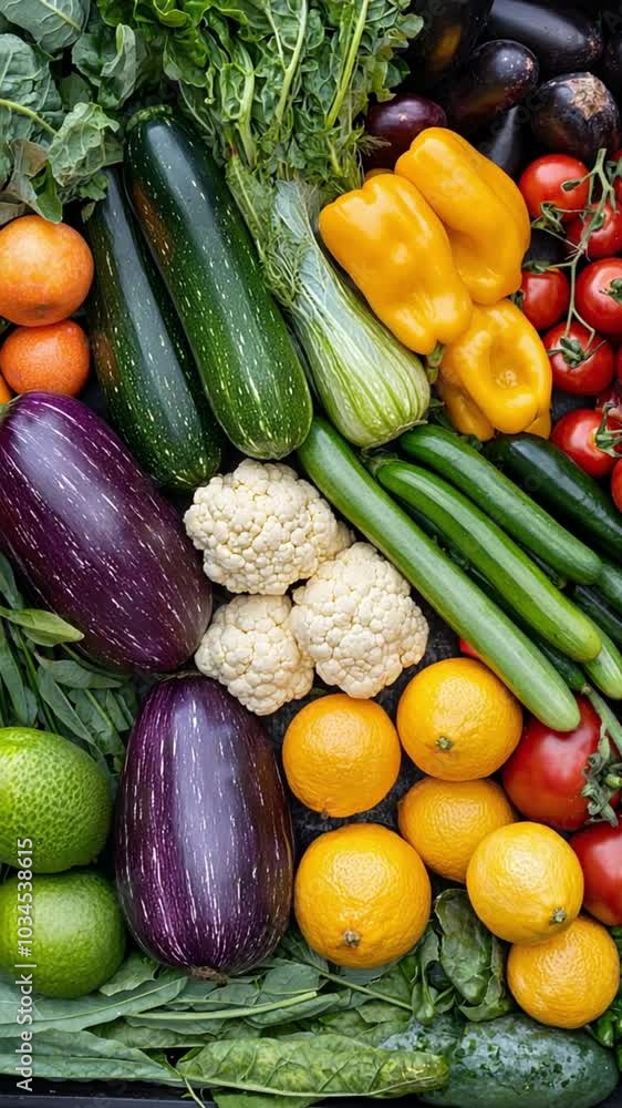A vibrant assortment of fresh vegetables and fruits arranged for display. A vibrant assortment of fresh vegetables and fruits arranged for display.