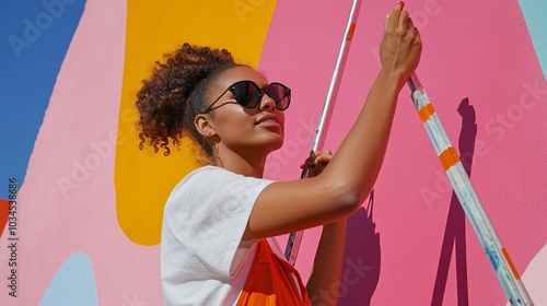 A young woman painting a vibrant mural on a sunny day in an urban environment, showcasing her artistic talent and creativity photo