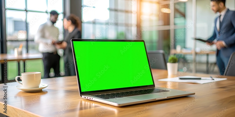 Laptop display with green screen background on an office desk while