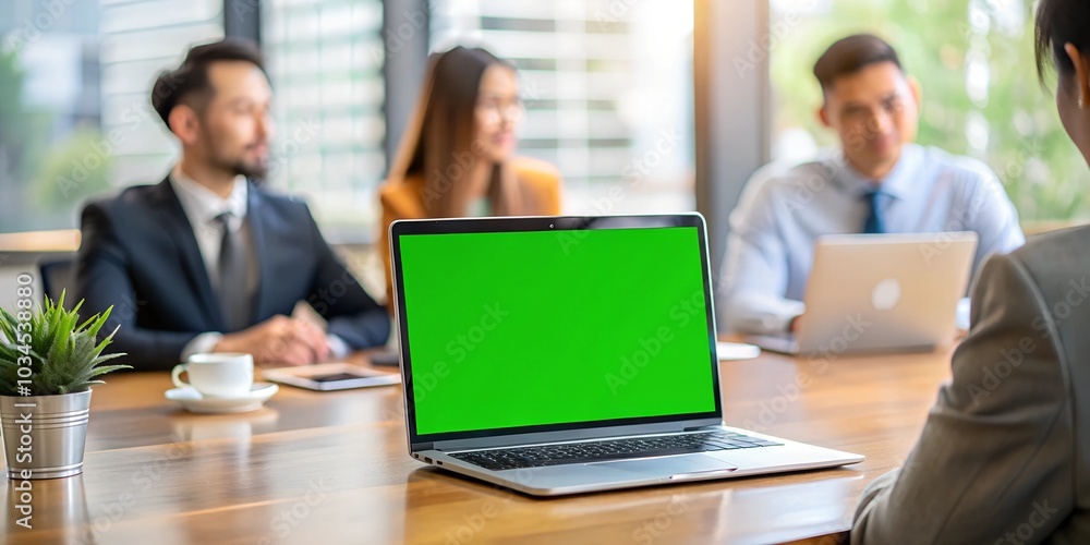Laptop display with green screen background on an office desk while people attend a business meeting. Isolated mockup template with blank chroma key and free space on computer monitor. Closeup. Laptop display with green screen background on an office desk while people attend a business meeting. Isolated mockup template with blank chroma key and free space on computer monitor. Closeup.