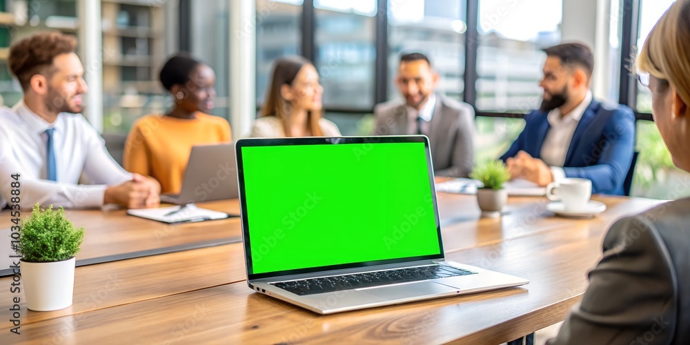 Laptop display with green screen background on an office desk while people attend a business meeting. Isolated mockup template with blank chroma key and free space on computer monitor. Closeup. Laptop display with green screen background on an office desk while people attend a business meeting. Isolated mockup template with blank chroma key and free space on computer monitor. Closeup.