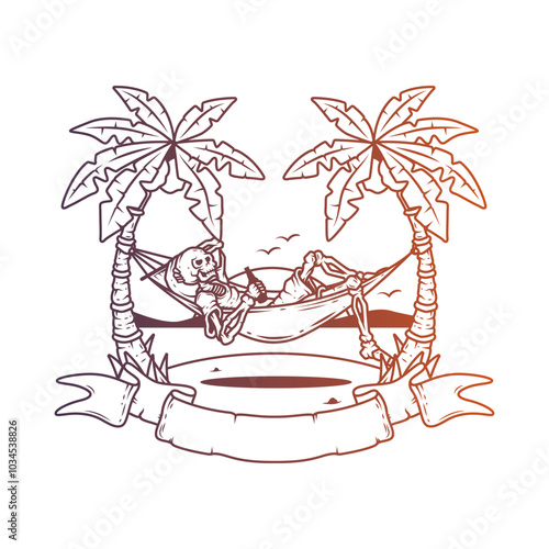 Original vector illustration. Skeleton on the beach in a hammock with the sea in the background.