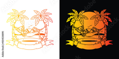 Original vector illustration. Skeleton on the beach in a hammock with the sea in the background.