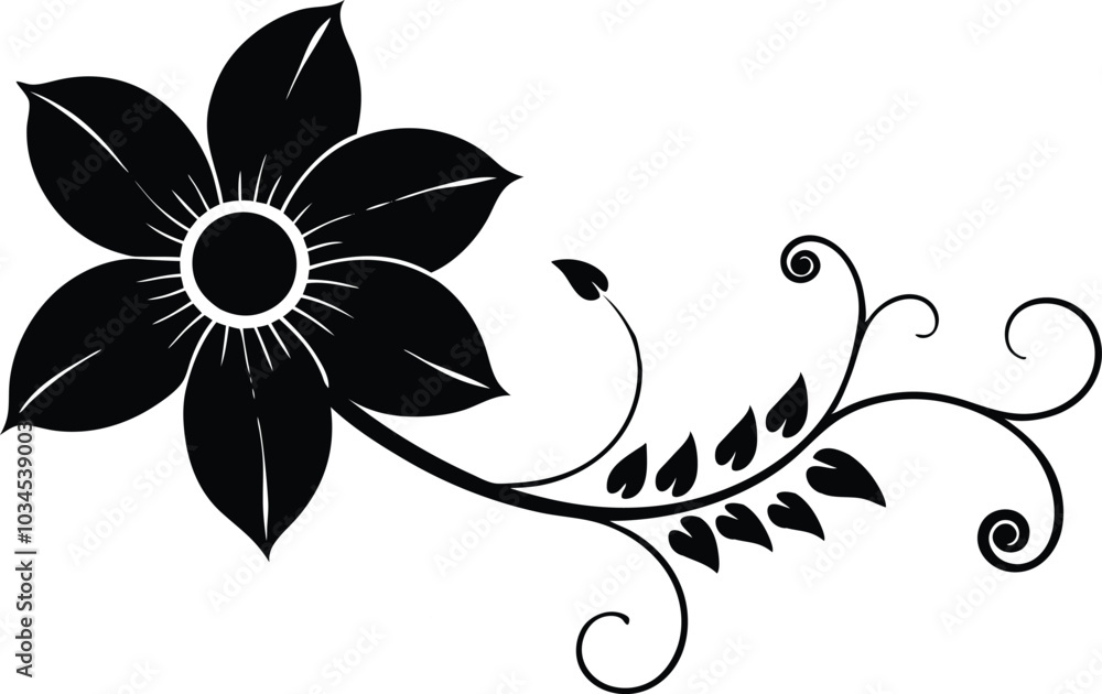 Stylized floral silhouette, with a large black flower and spiraling vines growing in the corner Stylized floral silhouette, with a large black flower and spiraling vines growing in the corner