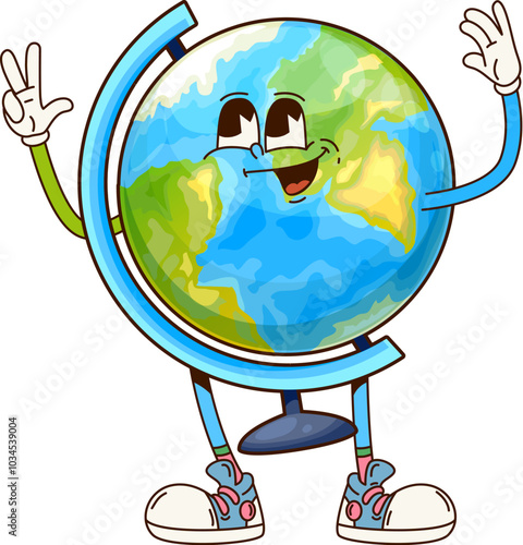 Groovy globe school character. Elementary school supplies happy character, child study accessory or student stationery funny 60s 70s vector personage. Geography learning globe cheerful groovy mascot