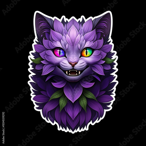 Creepy grinning Cheshire cat hallucination of distorting reality and appearing to be a purple flower with razor sharp teeth and  heterochromia eyes - cutout sticker isolated on black background