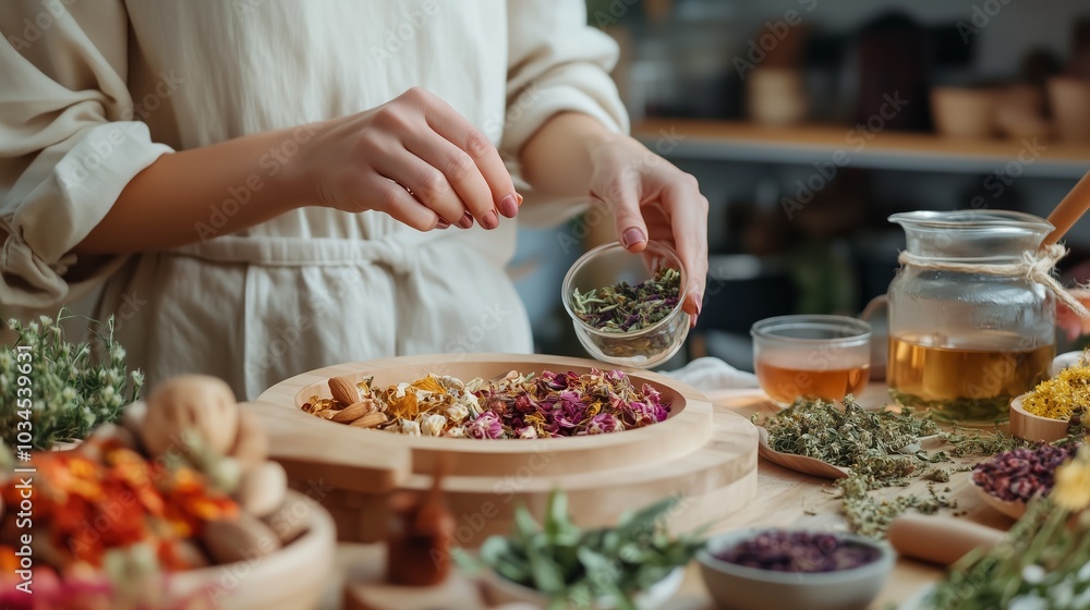 Person preparing herbal mixtures with dried flowers and plants in a cozy workshop filled with natural ingredients Person preparing herbal mixtures with dried flowers and plants in a cozy workshop filled with natural ingredients