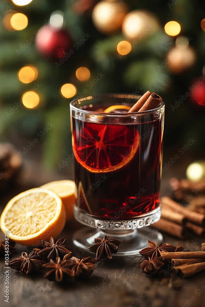 mulled red wine with spices and citrus fruits, on backdrop of christmas tree mulled red wine with spices and citrus fruits, on backdrop of christmas tree