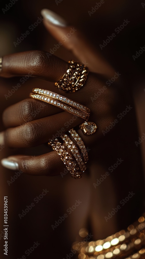 Woman showing expensive golden rings with diamonds