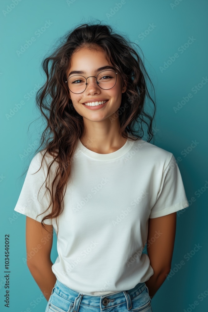 Smiling Clothing Model Wearing a Blank T-shirt Standing in Front of a Blue Background, Print on Demand Template, Fashion Portrait Mockup, People Wearing Tee Shirt with Print Copy Space Smiling Clothing Model Wearing a Blank T-shirt Standing in Front of a Blue Background, Print on Demand Template, Fashion Portrait Mockup, People Wearing Tee Shirt with Print Copy Space