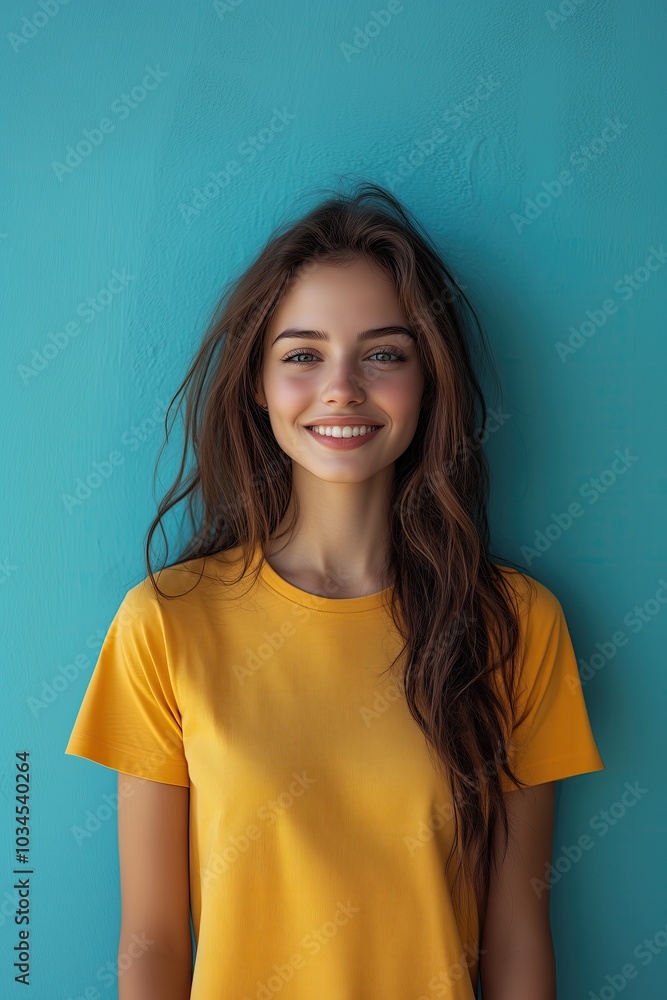Fototapeta premium Clothing Model Wearing a Blank Yellow T-shirt Standing in Front of a Blue Background, Print on Demand Template, Fashion Portrait Mockup, People Wearing Tee Shirt with Print Copy Space