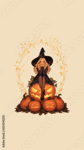 Happy Halloween 2D illustration. Blonde woman in witch hat, black dress sits on pumpkin with muzzle looks at camera. Vertical banner. Trick or treat. Autumn holidays, autumn, fear, evil. Jack Lantern photo