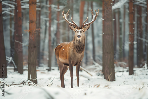 Noble male deer in forest winter scenery. High quality photo