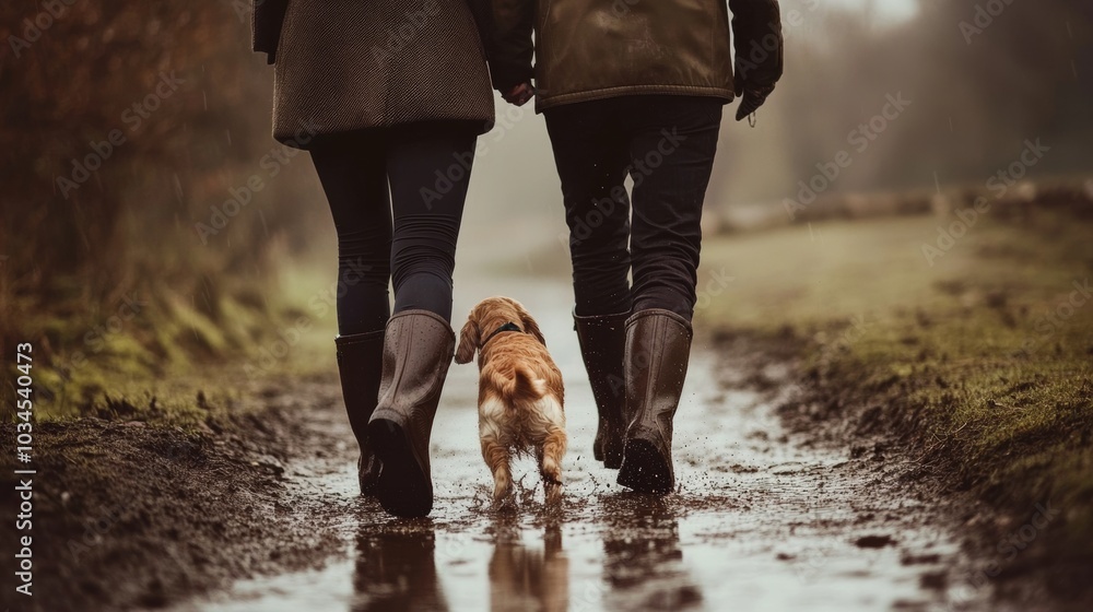 Dog walk in rain, wellies splashing.
