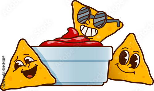 Groovy fast food nachos chips characters surrounding a bowl of salsa, display joyful expressions. Isolated cartoon vector retro playful Mexican tex mex food, crunchy snacks celebrate retro funky party