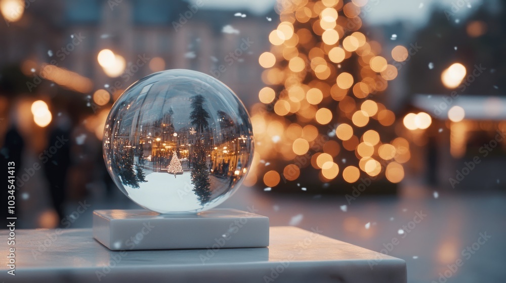 A snow globe reflects a beautiful Christmas tree adorned with bright lights, set in a serene winter atmosphere. Soft snowflakes gently fall, enhancing the holiday spirit around it. A snow globe reflects a beautiful Christmas tree adorned with bright lights, set in a serene winter atmosphere. Soft snowflakes gently fall, enhancing the holiday spirit around it.