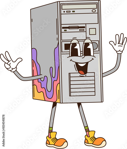 Cartoon groovy computer PC case retro character with funny face, vector funky comic. Groovy freaky old desktop PC computer with happy funny smile on positive vibes with Hi or peace sign gesture