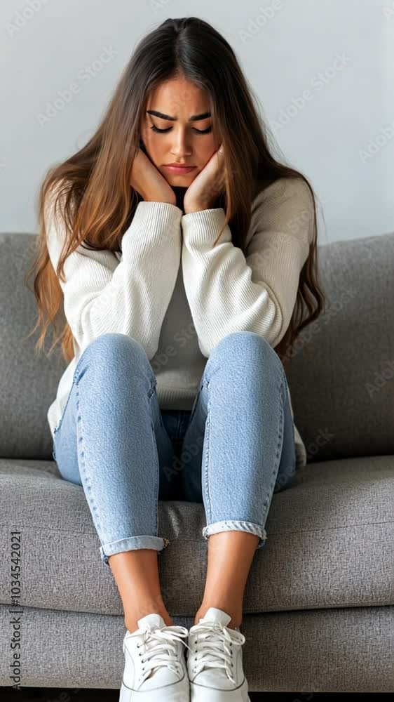 A young woman sits on a couch, looking contemplative and withdrawn. A young woman sits on a couch, looking contemplative and withdrawn.