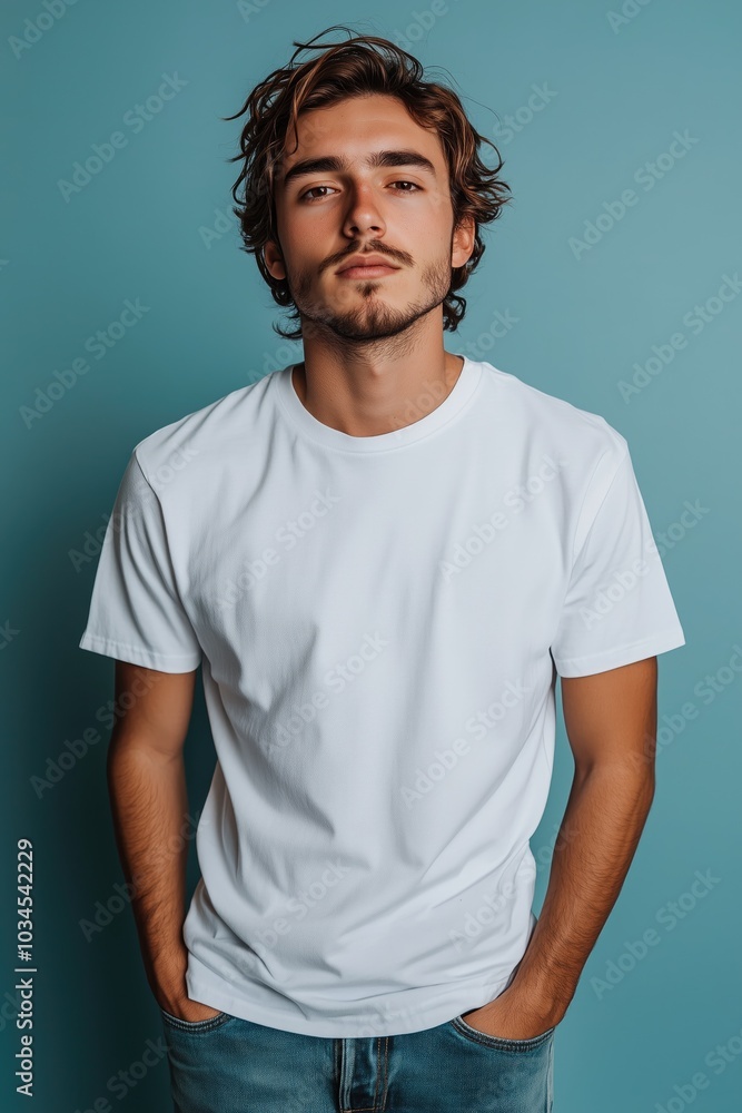 Confident Model Smiling and Wearing a Blank T-shirt Standing in Front of a Blue Background, Print on Demand Template, Fashion Portrait Mockup, People Wearing Clothing with Print Copy Space Confident Model Smiling and Wearing a Blank T-shirt Standing in Front of a Blue Background, Print on Demand Template, Fashion Portrait Mockup, People Wearing Clothing with Print Copy Space