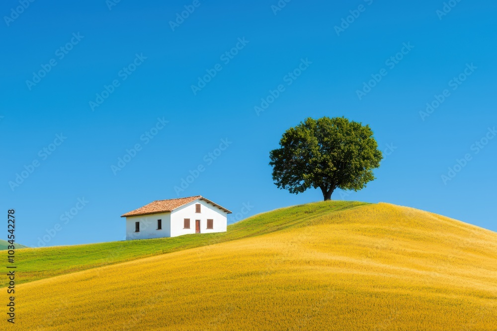 A picturesque scene featuring a white house, green hills, and a solitary tree against a bright blue sky. A picturesque scene featuring a white house, green hills, and a solitary tree against a bright blue sky.
