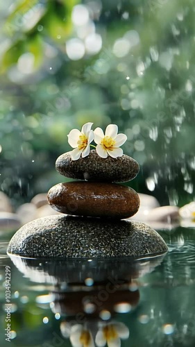 A serene arrangement of stacked stones adorned with flowers, symbolizing tranquility and balance.