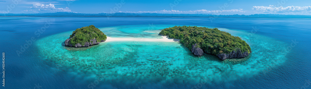 Aerial view of serene tropical islands surrounded by clear turquoise waters and sandy beaches. Aerial view of serene tropical islands surrounded by clear turquoise waters and sandy beaches.
