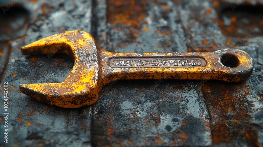 A rusty wrench lies on a metal surface. A rusty wrench lies on a metal surface.