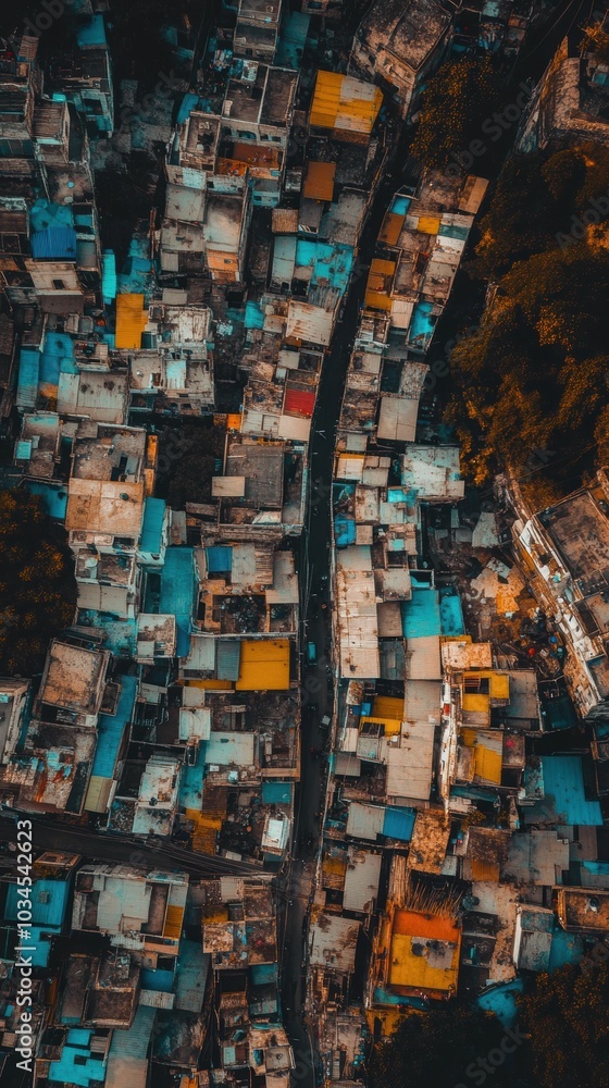 Aerial view of crowded residential area showing colorful houses Aerial view of crowded residential area showing colorful houses